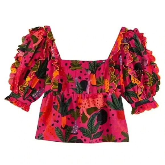 NWT FARM RIO POP LEOPARDS Short Sleeve Top BLOUSE Pink S - Picture 1 of 10